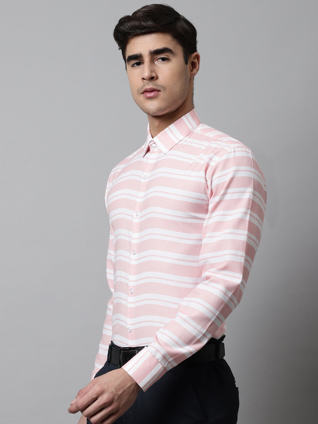 Jainish Men's Peach Classic Horizontal Striped Formal Shirt | Grocsy
