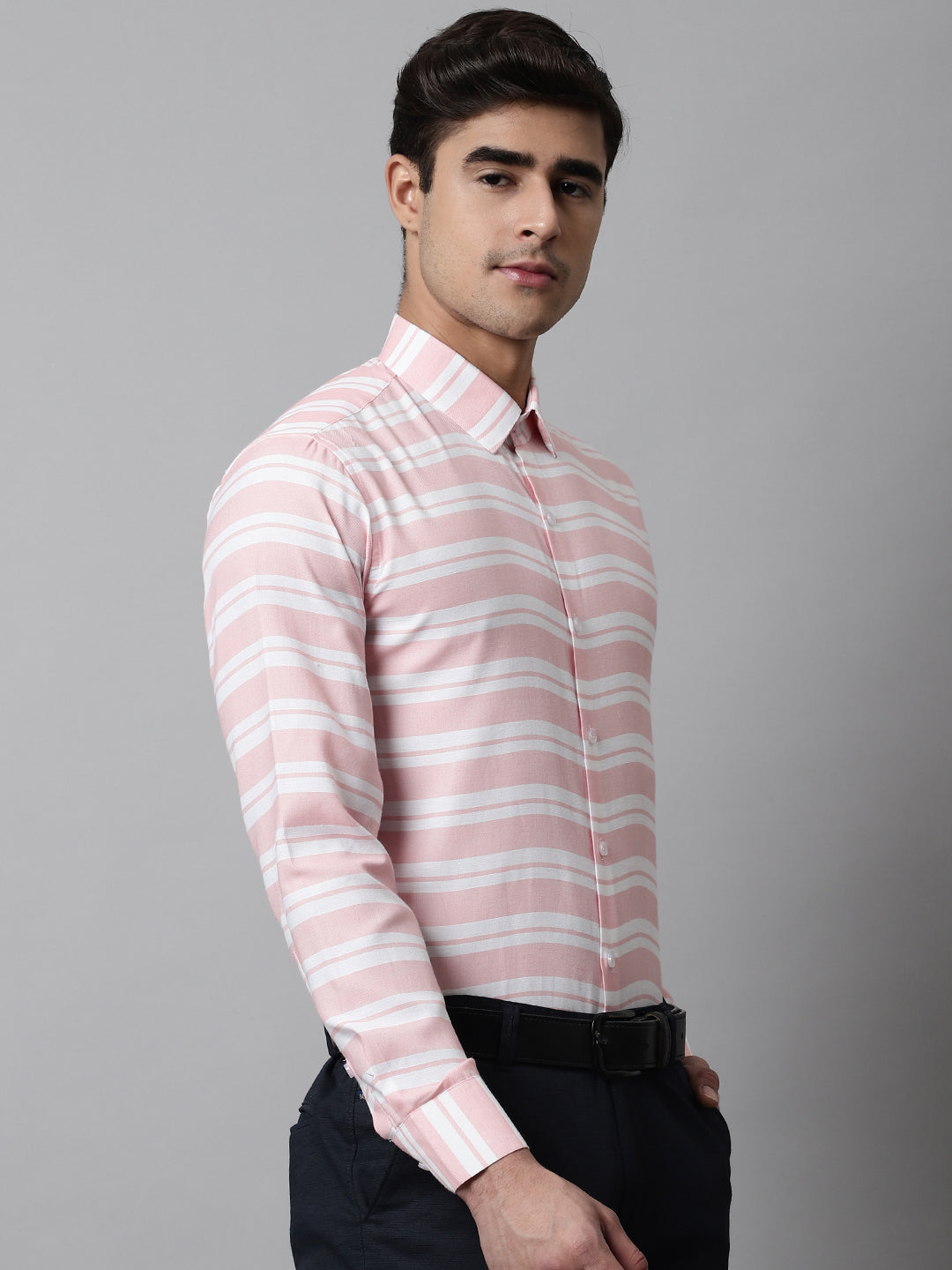 Jainish Men's Peach Classic Horizontal Striped Formal Shirt | Grocsy