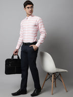 Jainish Men's Peach Classic Horizontal Striped Formal Shirt | Grocsy
