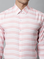 Jainish Men's Peach Classic Horizontal Striped Formal Shirt | Grocsy
