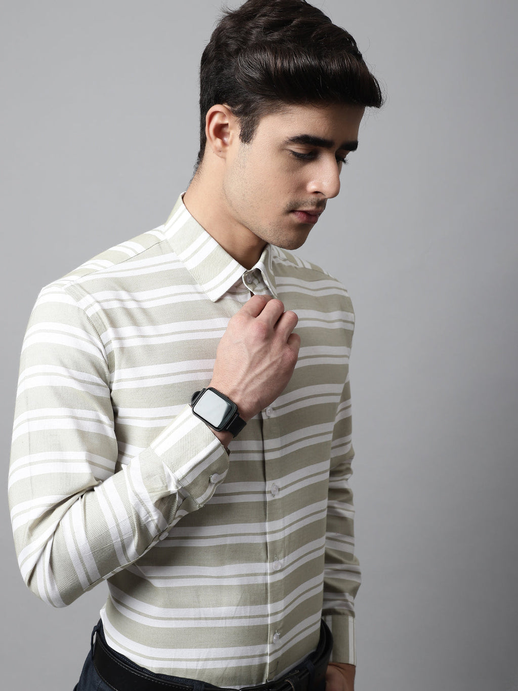 Jainish Men's Pista Green Classic Horizontal Striped Formal Shirt | Grocsy