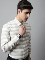 Jainish Men's Pista Green Classic Horizontal Striped Formal Shirt | Grocsy
