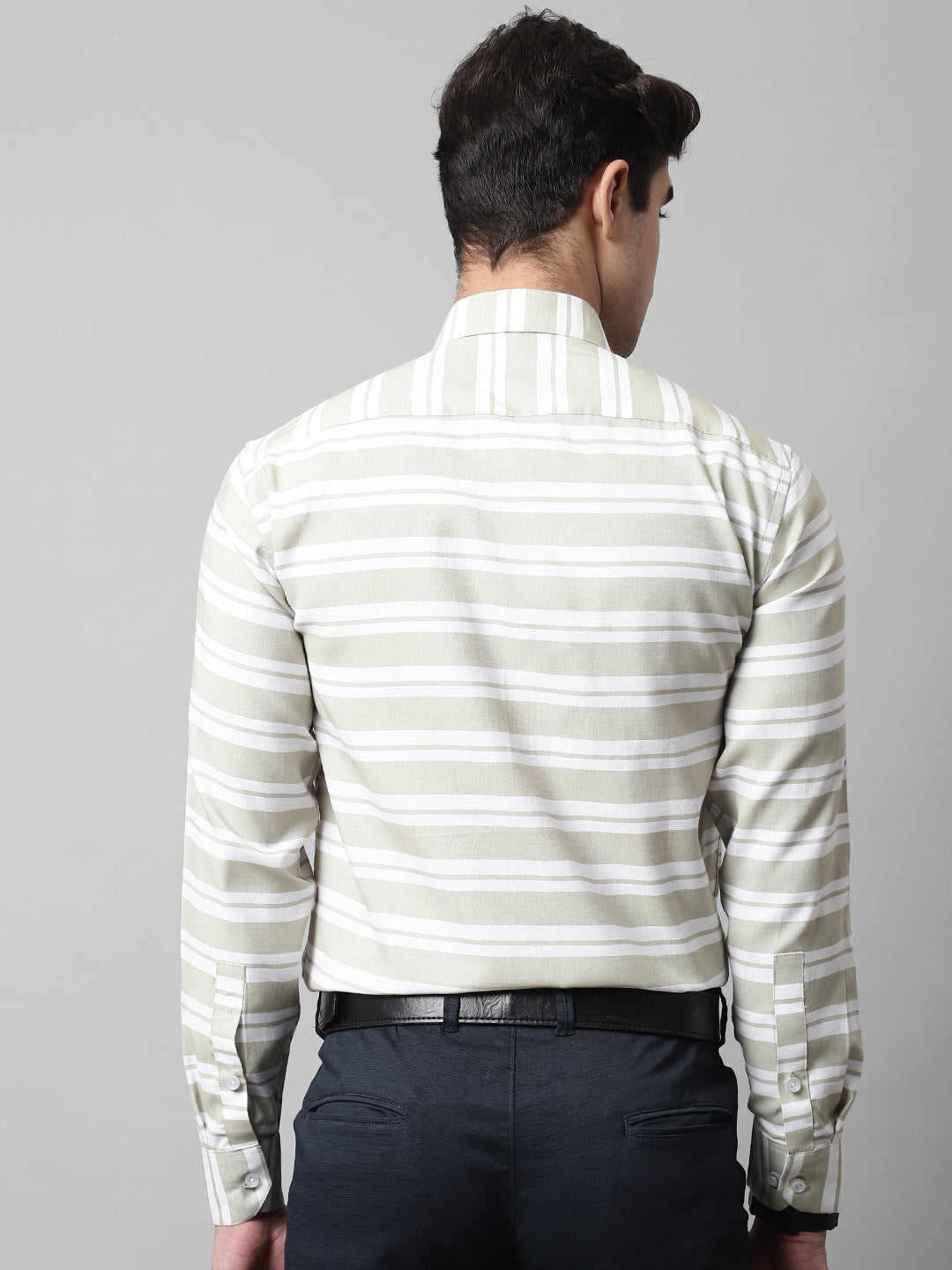 Jainish Men's Pista Green Classic Horizontal Striped Formal Shirt | Grocsy
