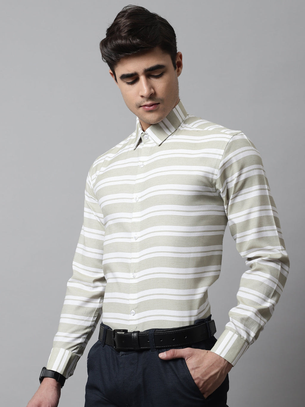 Jainish Men's Pista Green Classic Horizontal Striped Formal Shirt | Grocsy