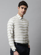 Jainish Men's Pista Green Classic Horizontal Striped Formal Shirt | Grocsy