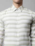 Jainish Men's Pista Green Classic Horizontal Striped Formal Shirt | Grocsy