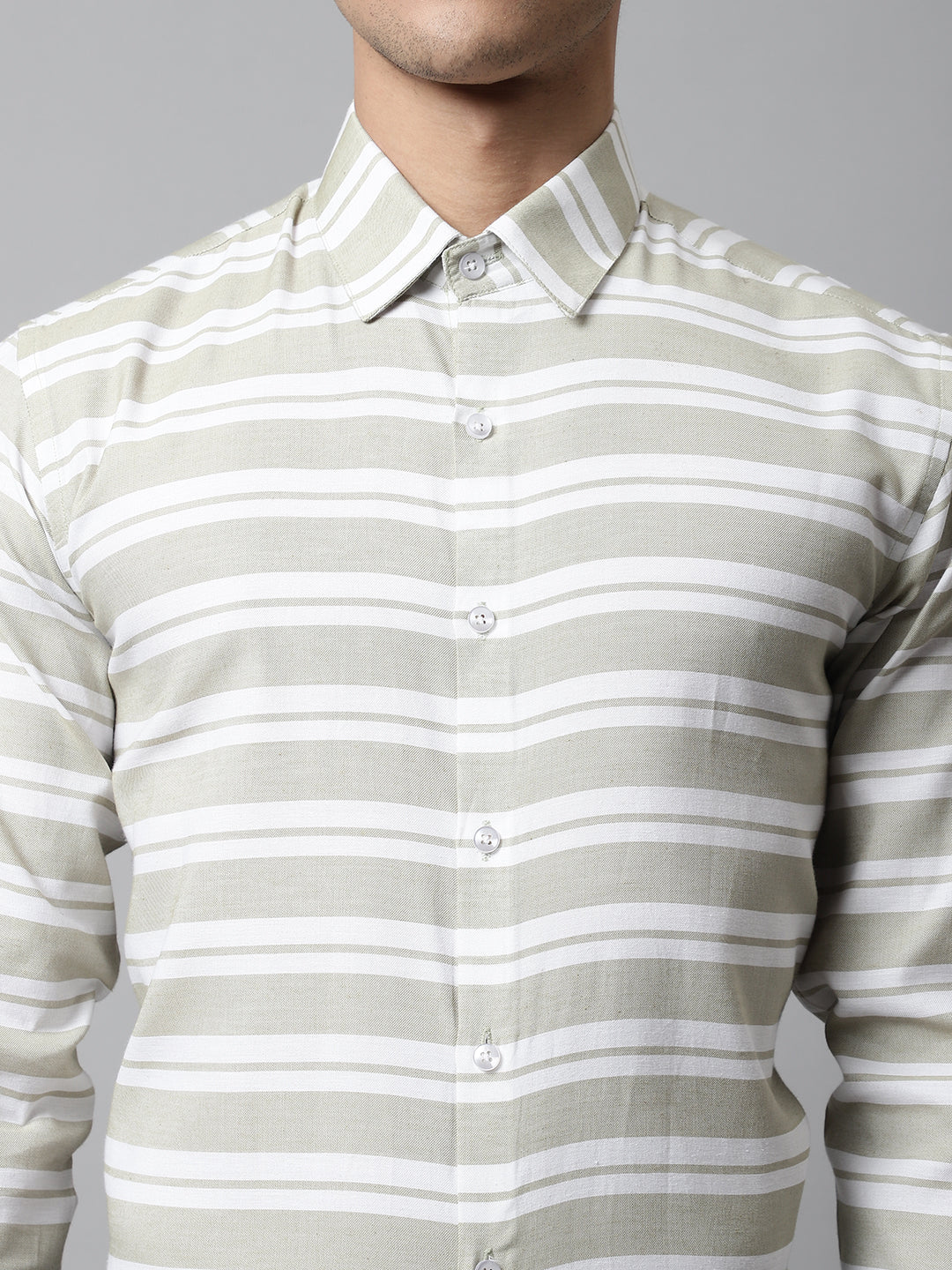 Jainish Men's Pista Green Classic Horizontal Striped Formal Shirt | Grocsy