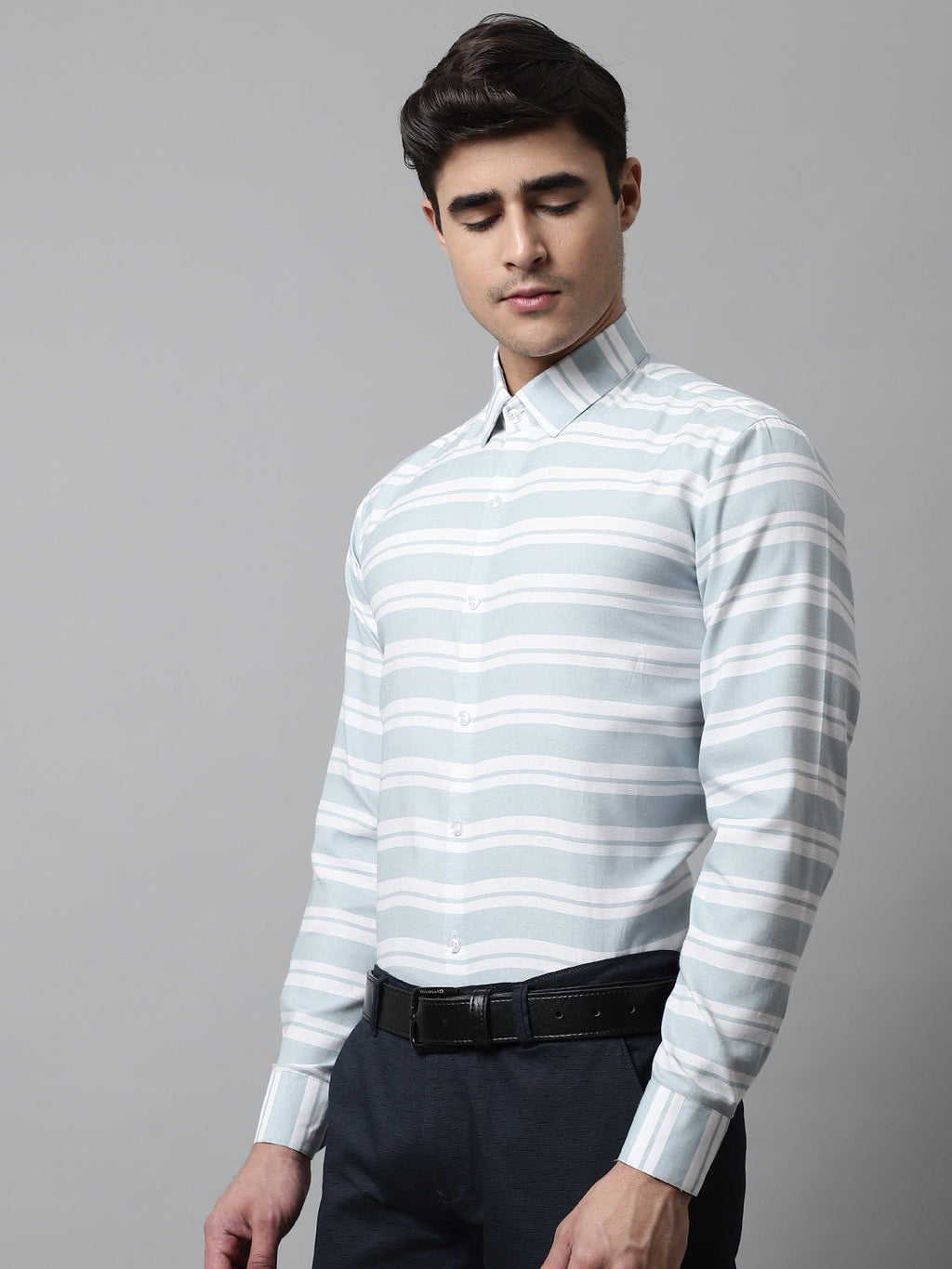 Jainish Men's Sky Blue Classic Horizontal Striped Formal Shirt | Grocsy