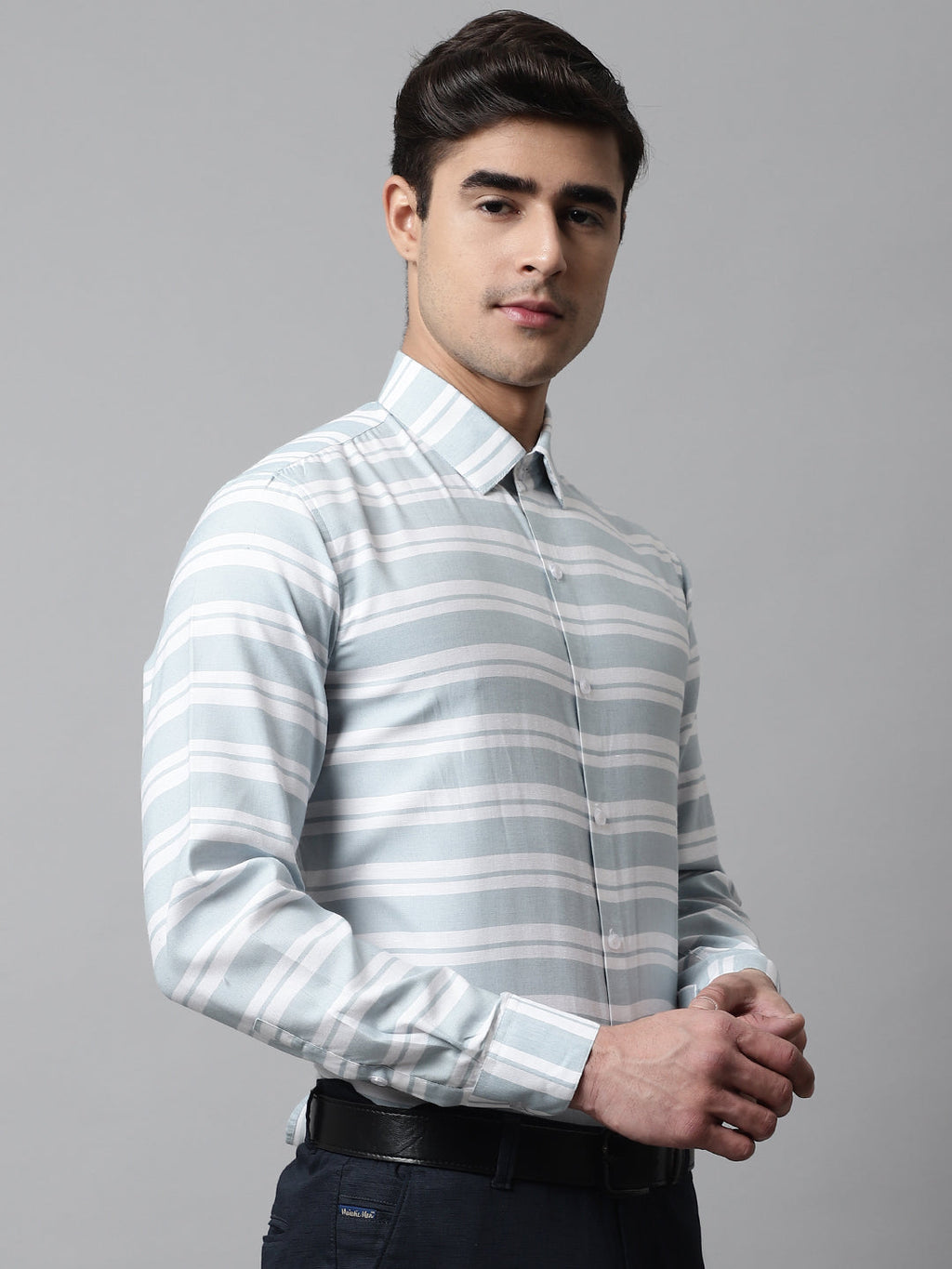 Jainish Men's Sky Blue Classic Horizontal Striped Formal Shirt | Grocsy