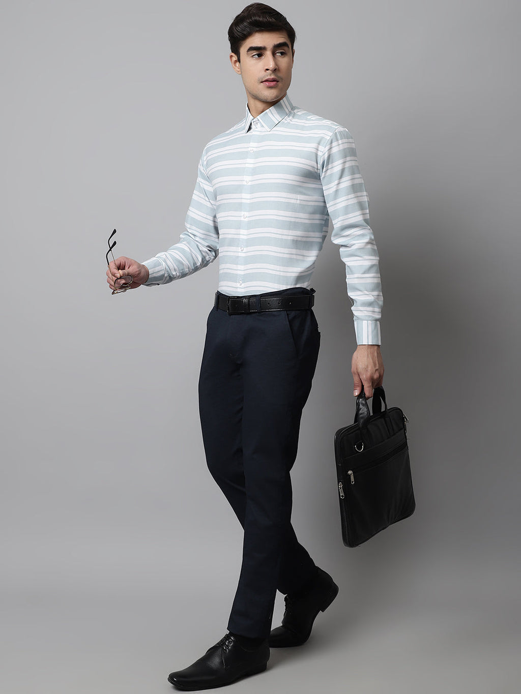 Jainish Men's Sky Blue Classic Horizontal Striped Formal Shirt | Grocsy