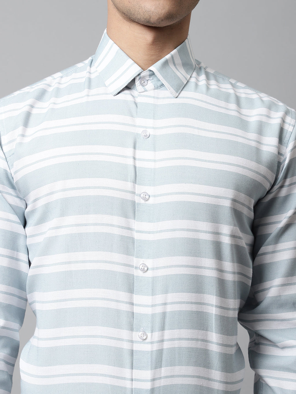 Jainish Men's Sky Blue Classic Horizontal Striped Formal Shirt | Grocsy
