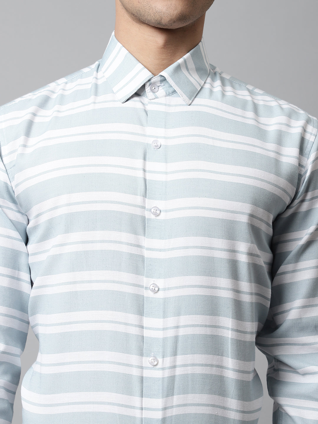 Jainish Men's Sky Blue Classic Horizontal Striped Formal Shirt | Grocsy