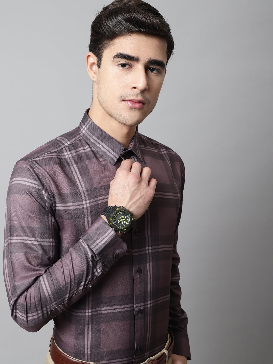 Jainish Men's Brown Checks Regular Fit Cotton Formal Shirt | Grocsy