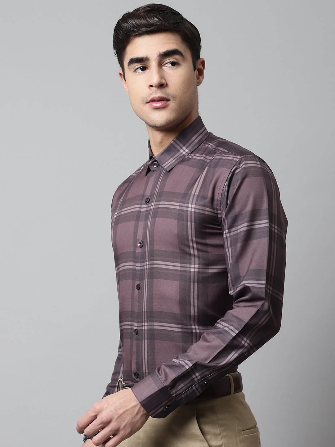 Jainish Men's Brown Checks Regular Fit Cotton Formal Shirt | Grocsy