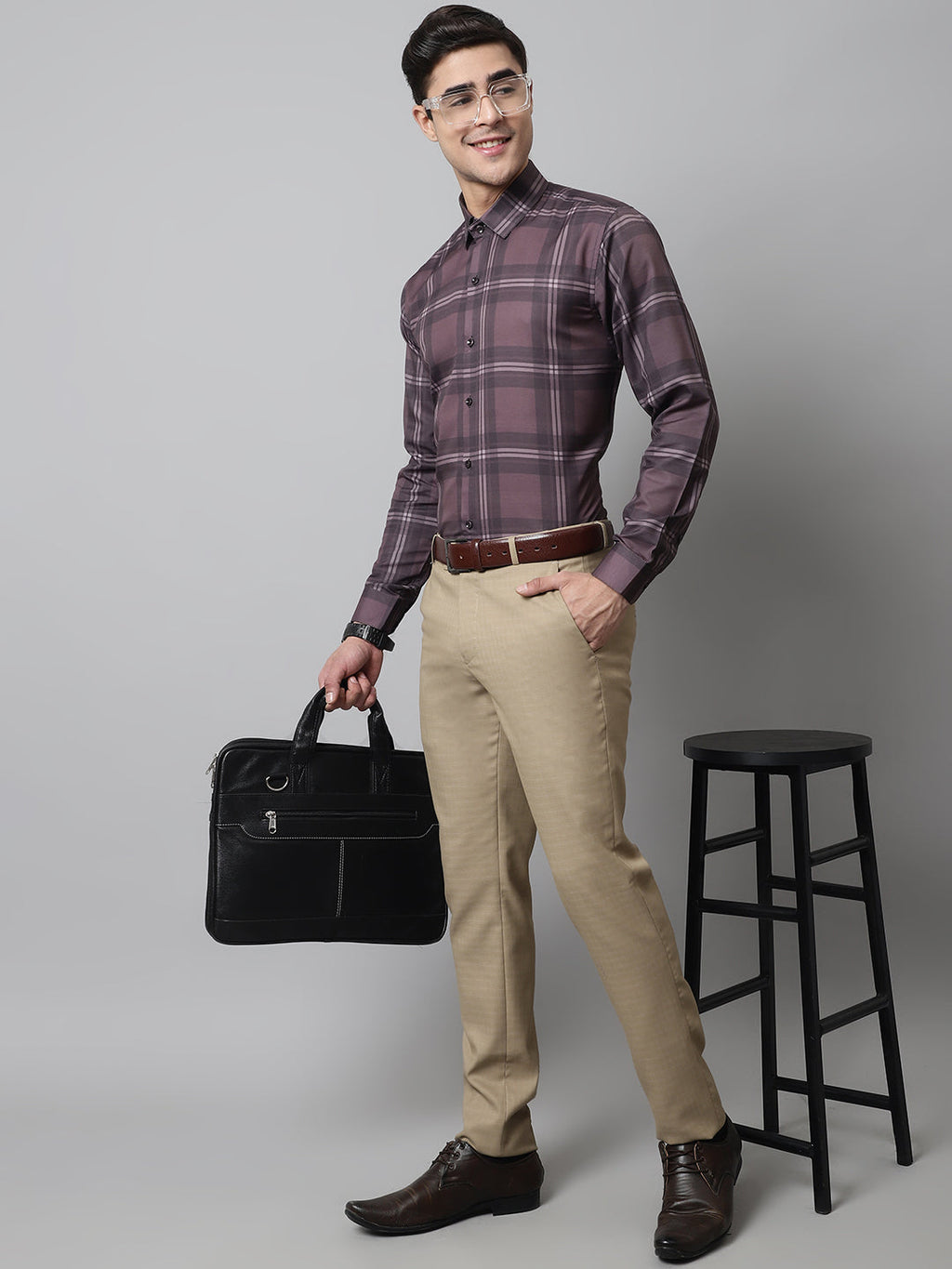 Jainish Men's Brown Checks Regular Fit Cotton Formal Shirt | Grocsy