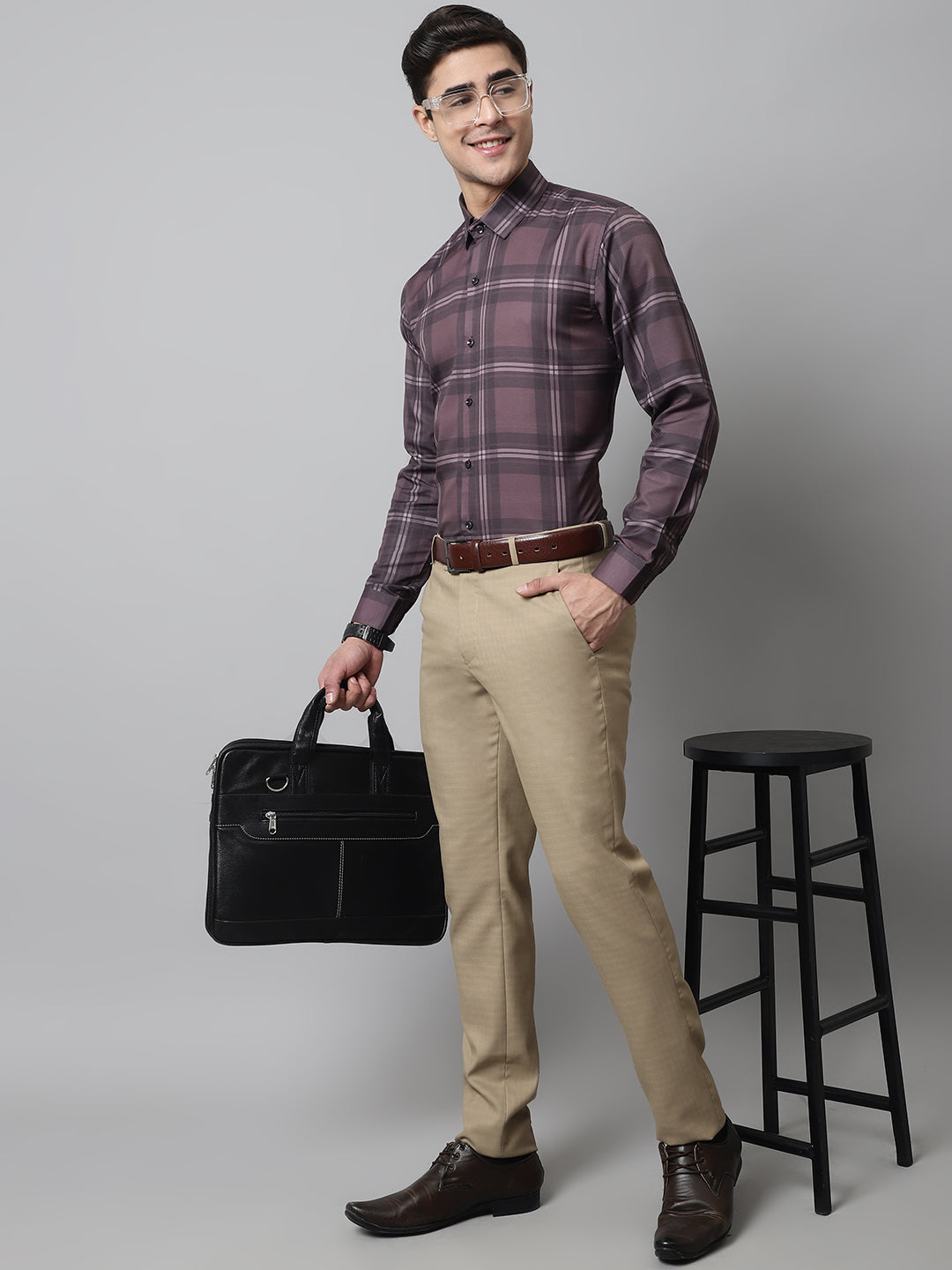 Jainish Men's Brown Checks Regular Fit Cotton Formal Shirt | Grocsy