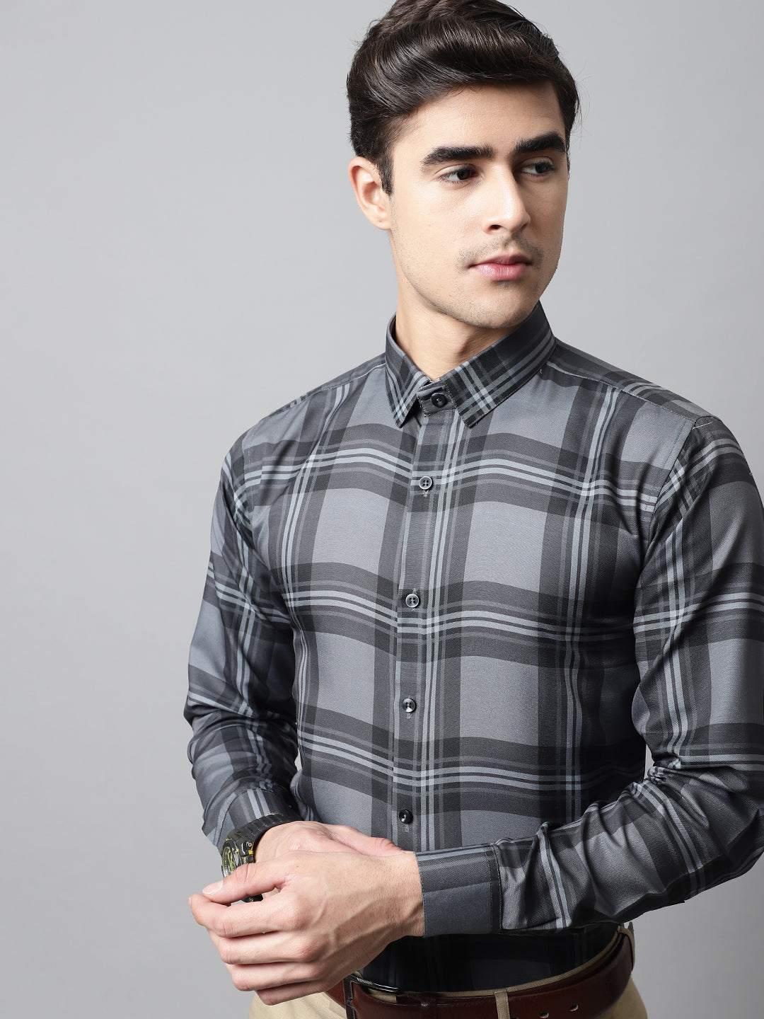 Jainish Men's Charcoal Grey Checks Regular Fit Cotton Formal Shirt | Grocsy
