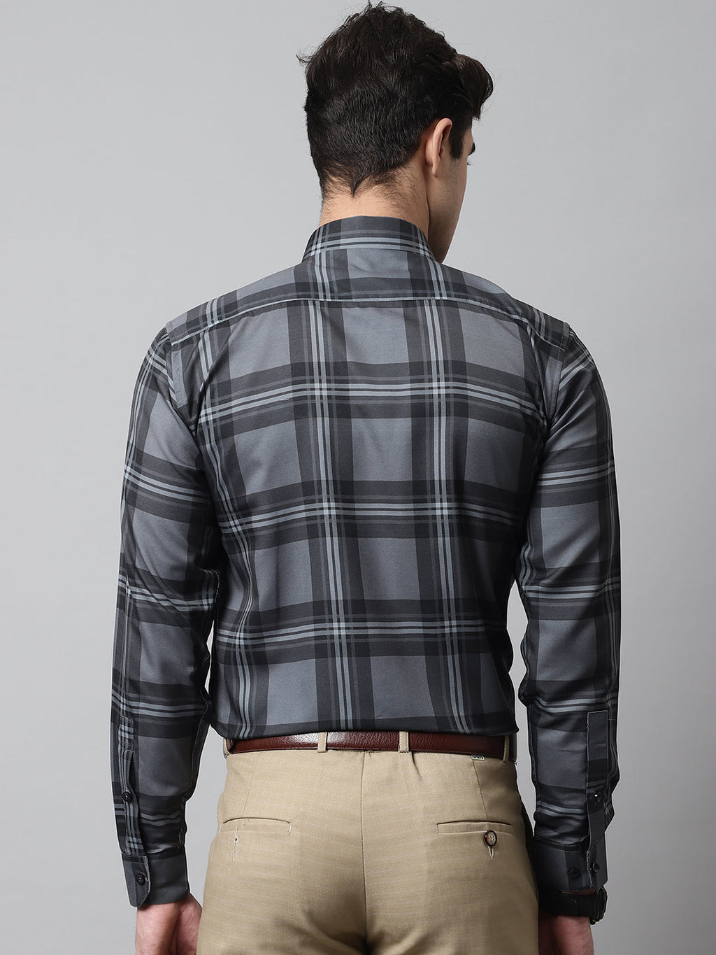 Jainish Men's Charcoal Grey Checks Regular Fit Cotton Formal Shirt | Grocsy
