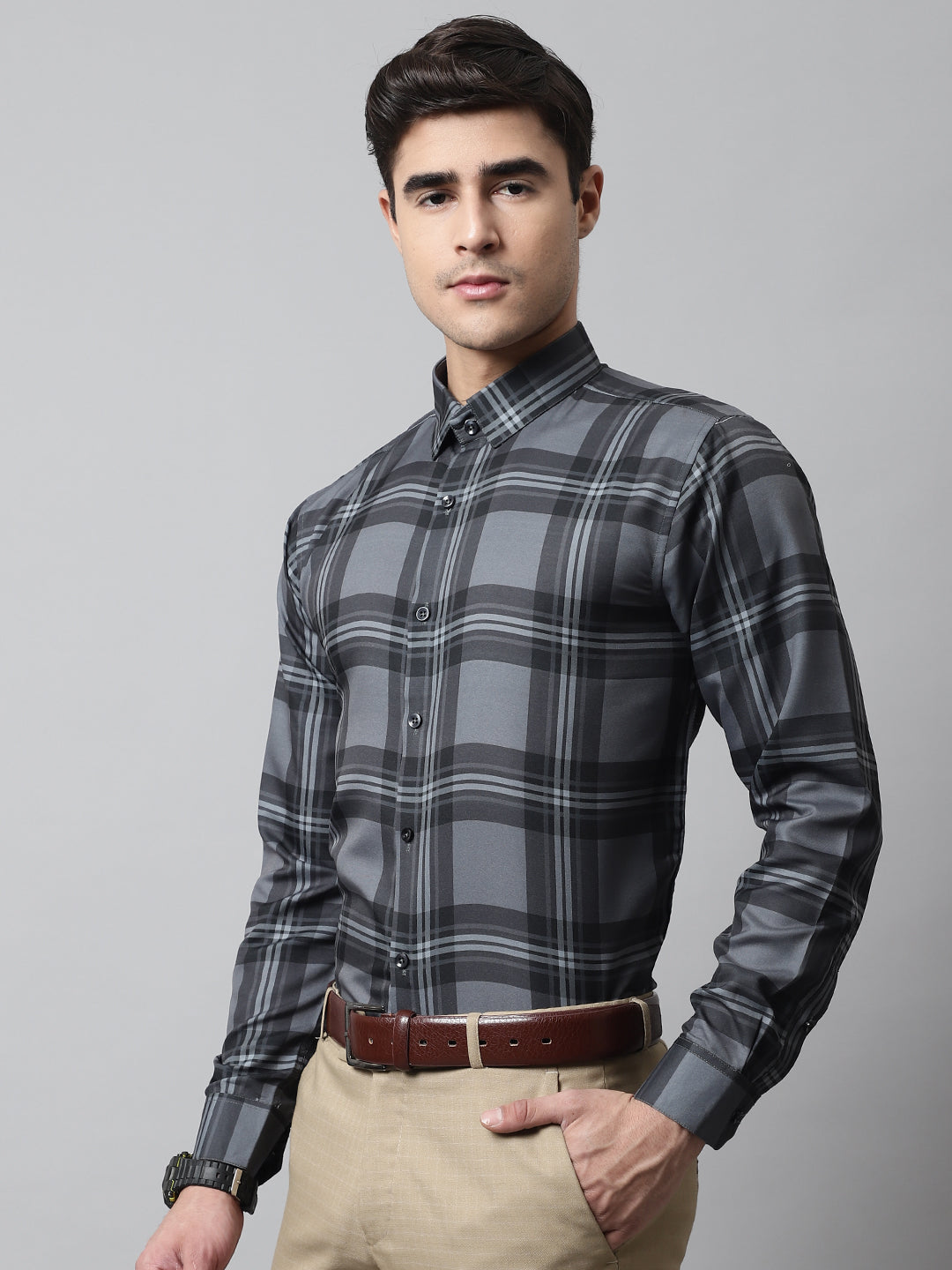 Jainish Men's Charcoal Grey Checks Regular Fit Cotton Formal Shirt | Grocsy