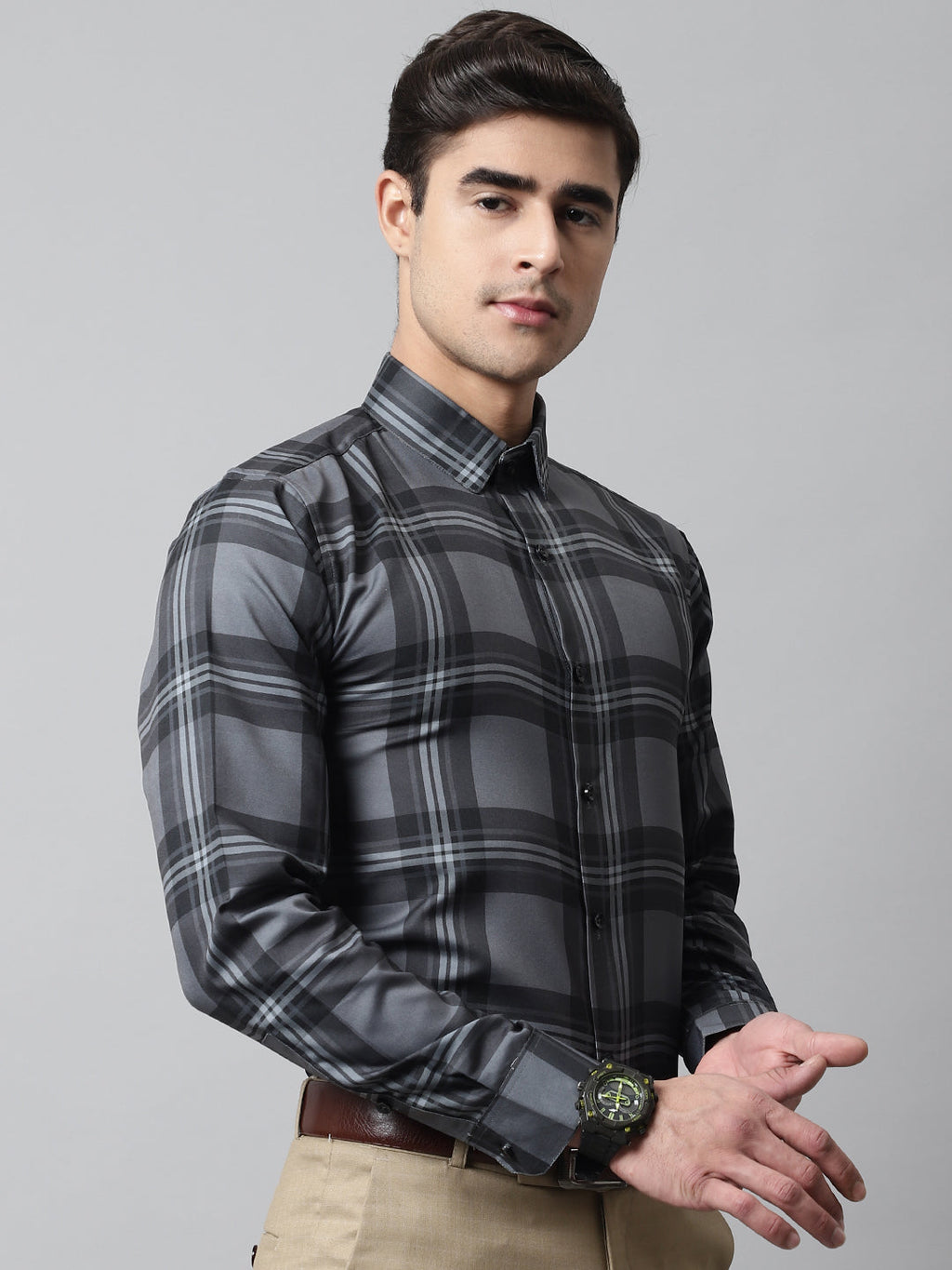 Jainish Men's Charcoal Grey Checks Regular Fit Cotton Formal Shirt | Grocsy