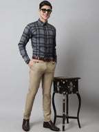 Jainish Men's Charcoal Grey Checks Regular Fit Cotton Formal Shirt | Grocsy