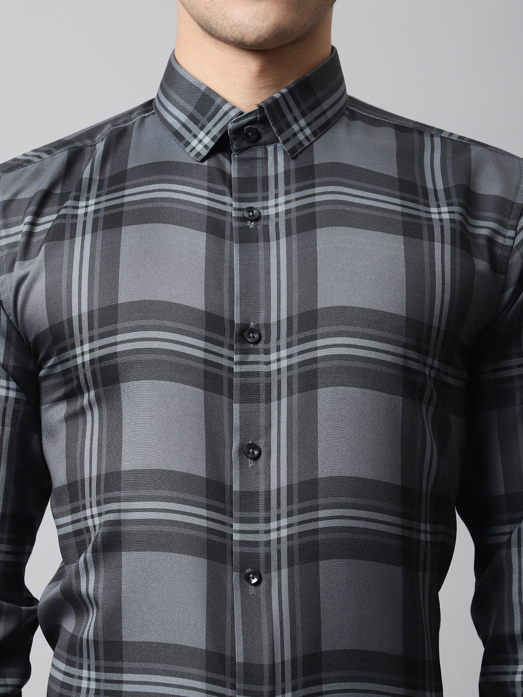 Jainish Men's Charcoal Grey Checks Regular Fit Cotton Formal Shirt | Grocsy