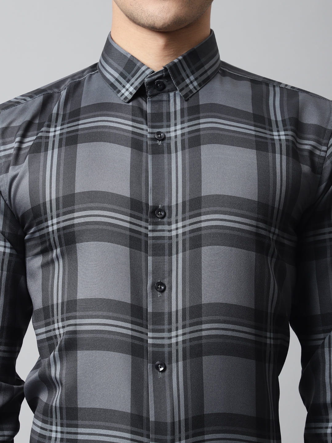 Jainish Men's Charcoal Grey Checks Regular Fit Cotton Formal Shirt | Grocsy