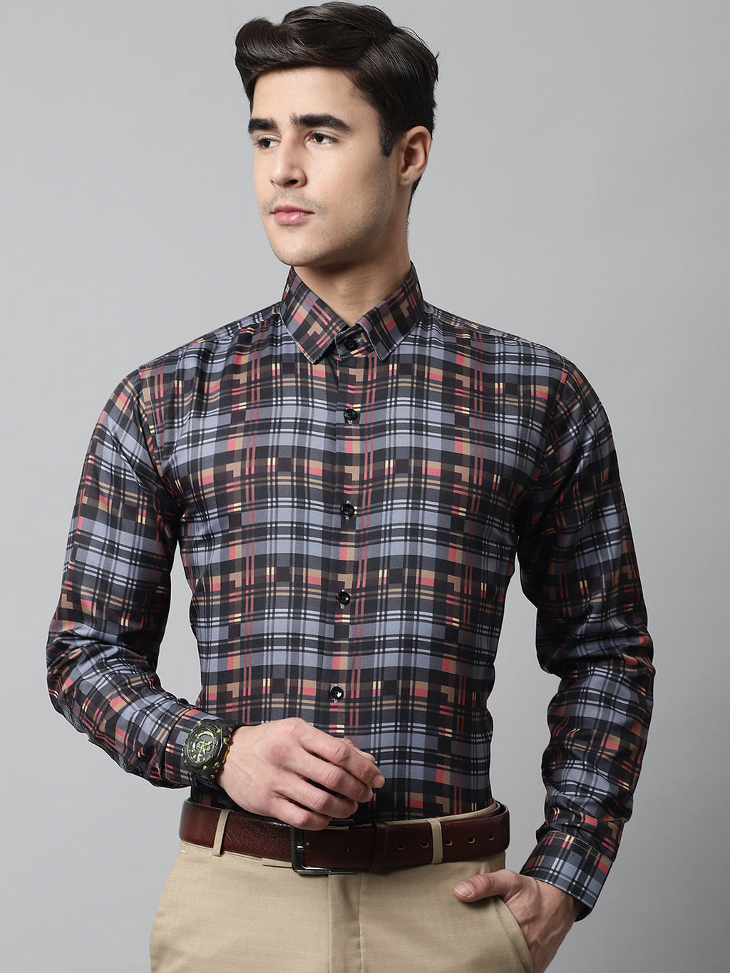 Jainish Men's Grey Checks Regular Fit Cotton Formal Shirt | Grocsy