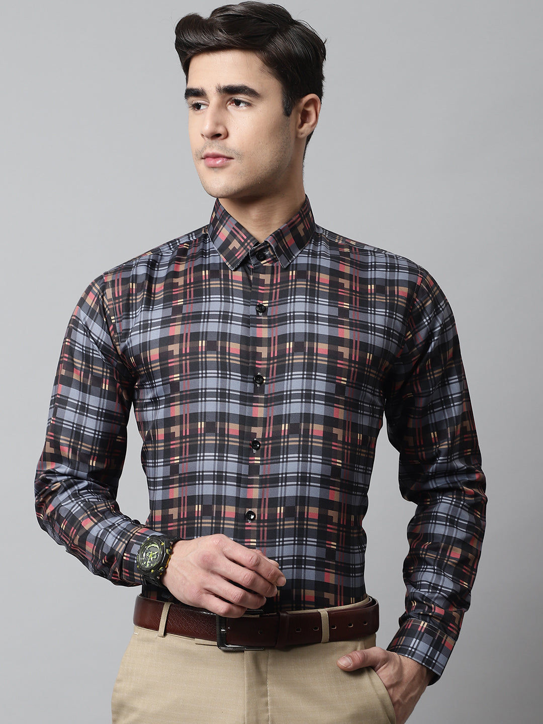 Jainish Men's Grey Checks Regular Fit Cotton Formal Shirt | Grocsy