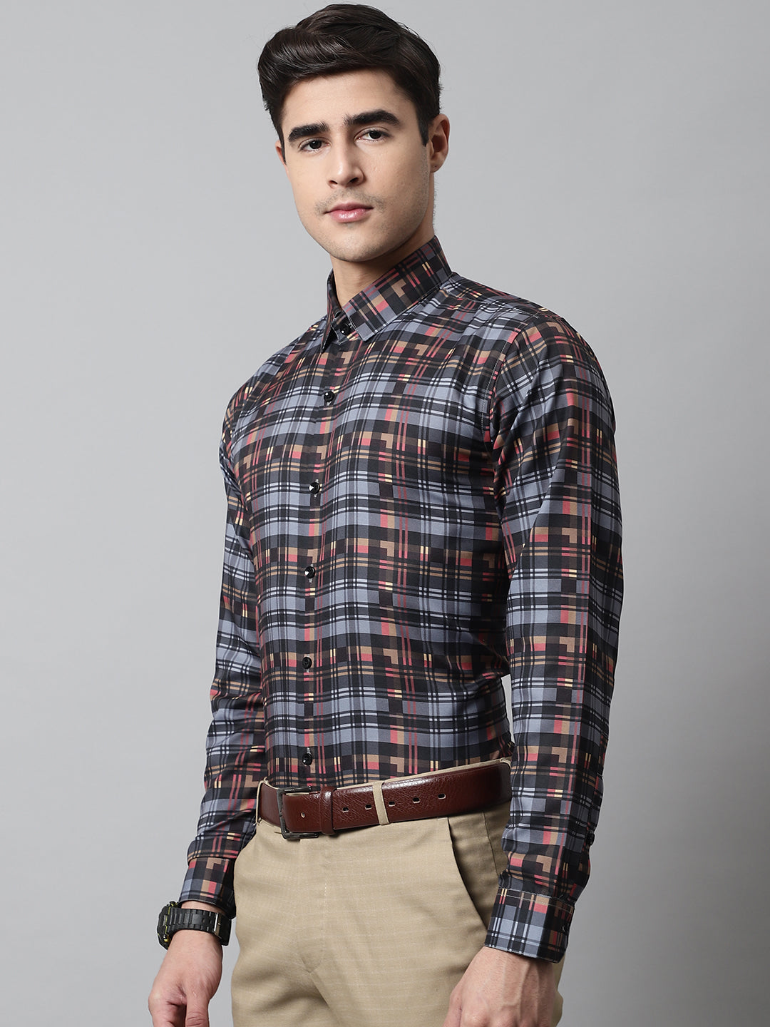 Jainish Men's Grey Checks Regular Fit Cotton Formal Shirt | Grocsy