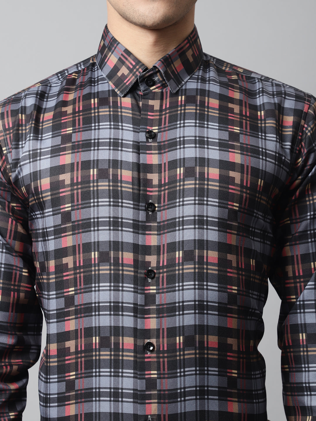 Jainish Men's Grey Checks Regular Fit Cotton Formal Shirt | Grocsy