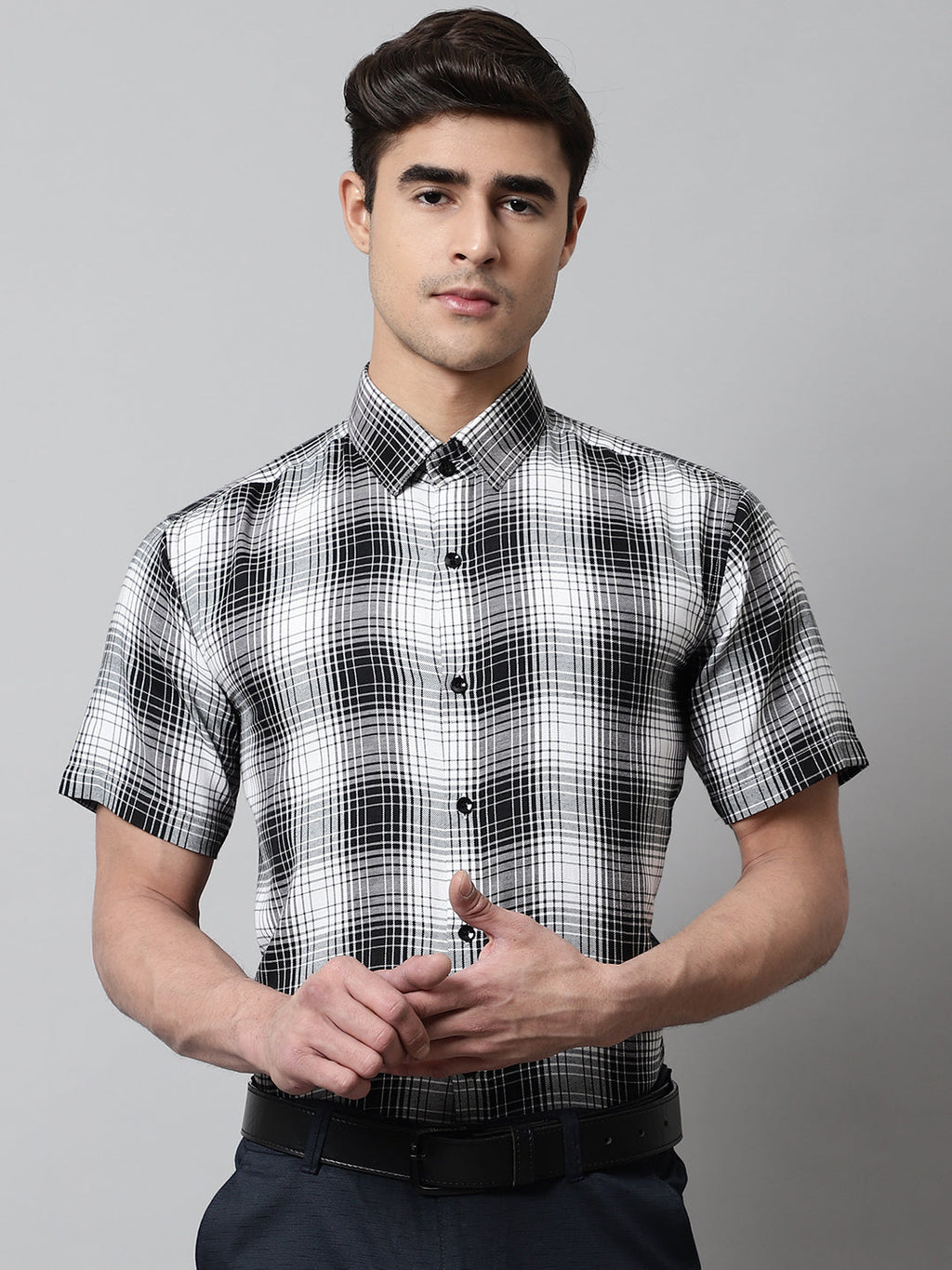 Jainish Men's Black Checks Regular Fit Cotton Formal Shirt | Grocsy