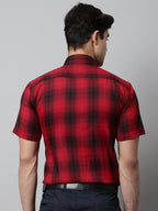 Jainish Men's Red Checks Regular Fit Cotton Formal Shirt | Grocsy