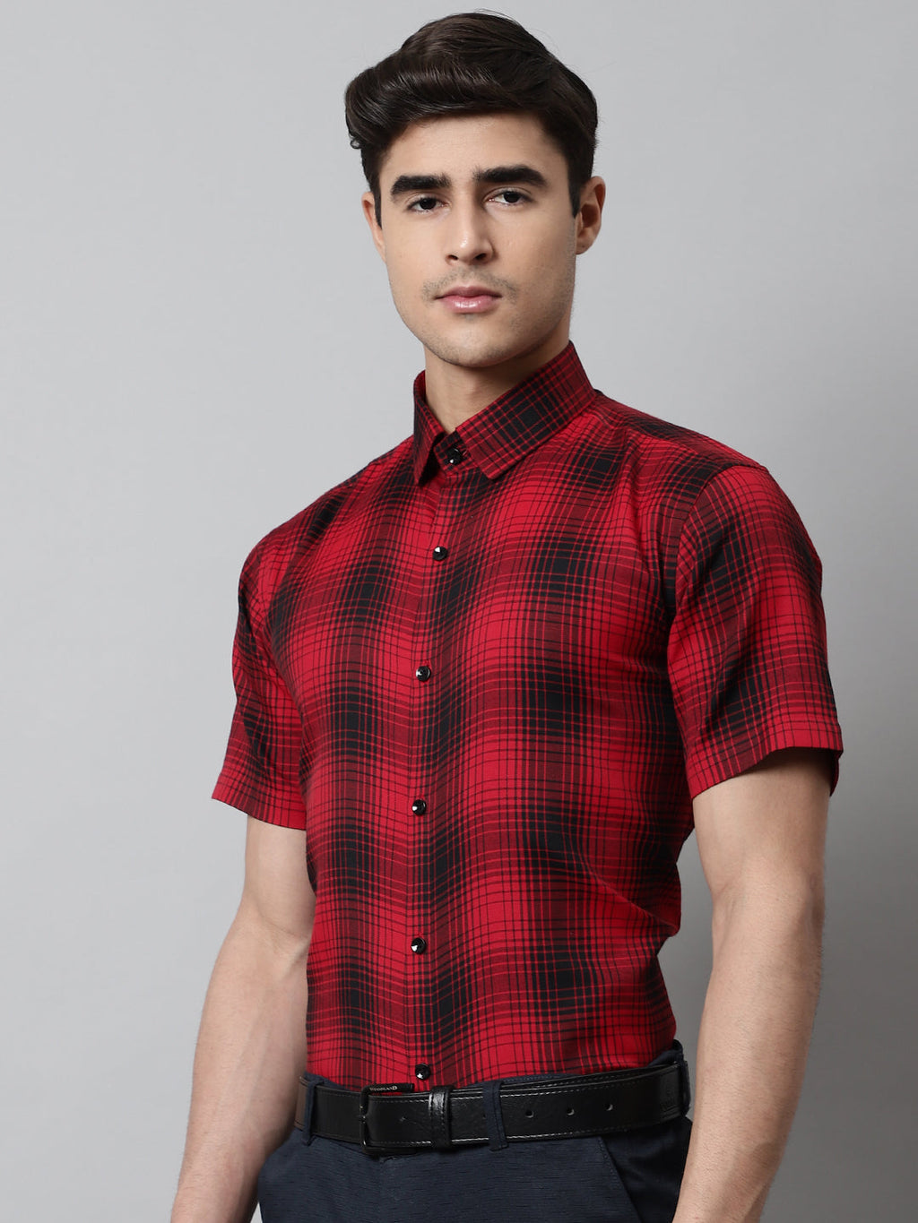 Jainish Men's Red Checks Regular Fit Cotton Formal Shirt | Grocsy