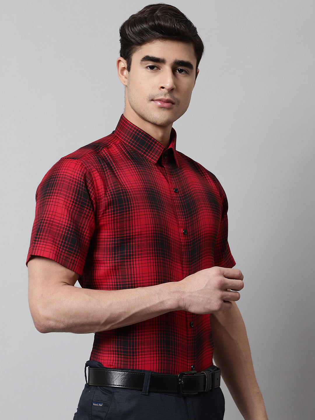 Jainish Men's Red Checks Regular Fit Cotton Formal Shirt | Grocsy