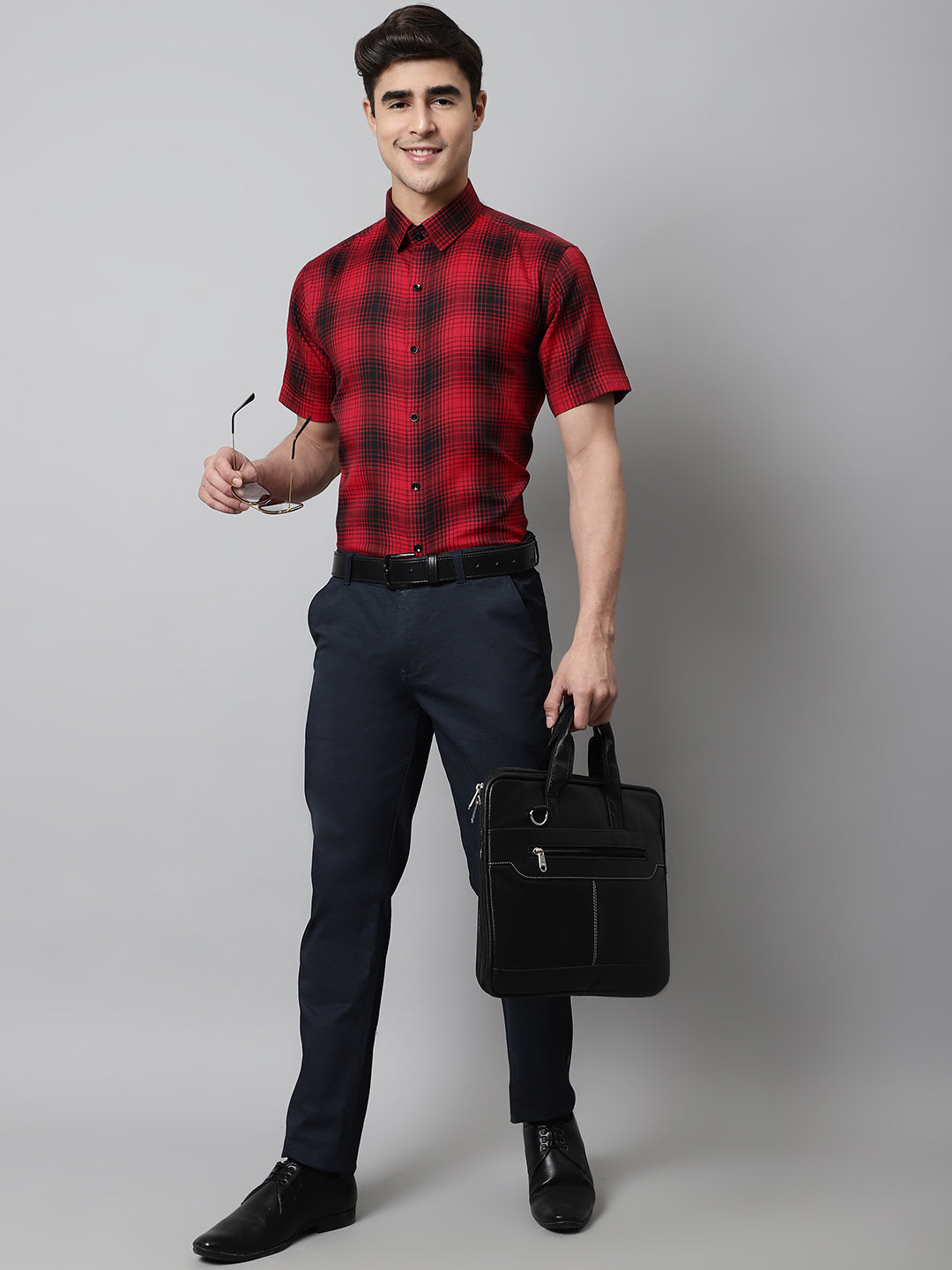 Jainish Men's Red Checks Regular Fit Cotton Formal Shirt | Grocsy