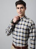 Jainish Men's Navy Blue and Grey Checks Regular Fit Cotton Formal Shirt | Grocsy