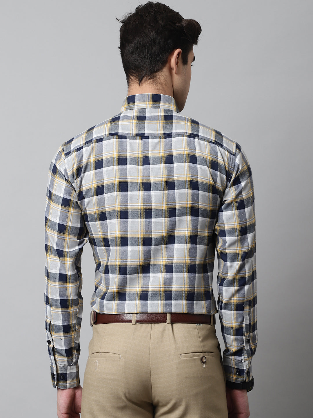 Jainish Men's Navy Blue and Grey Checks Regular Fit Cotton Formal Shirt | Grocsy