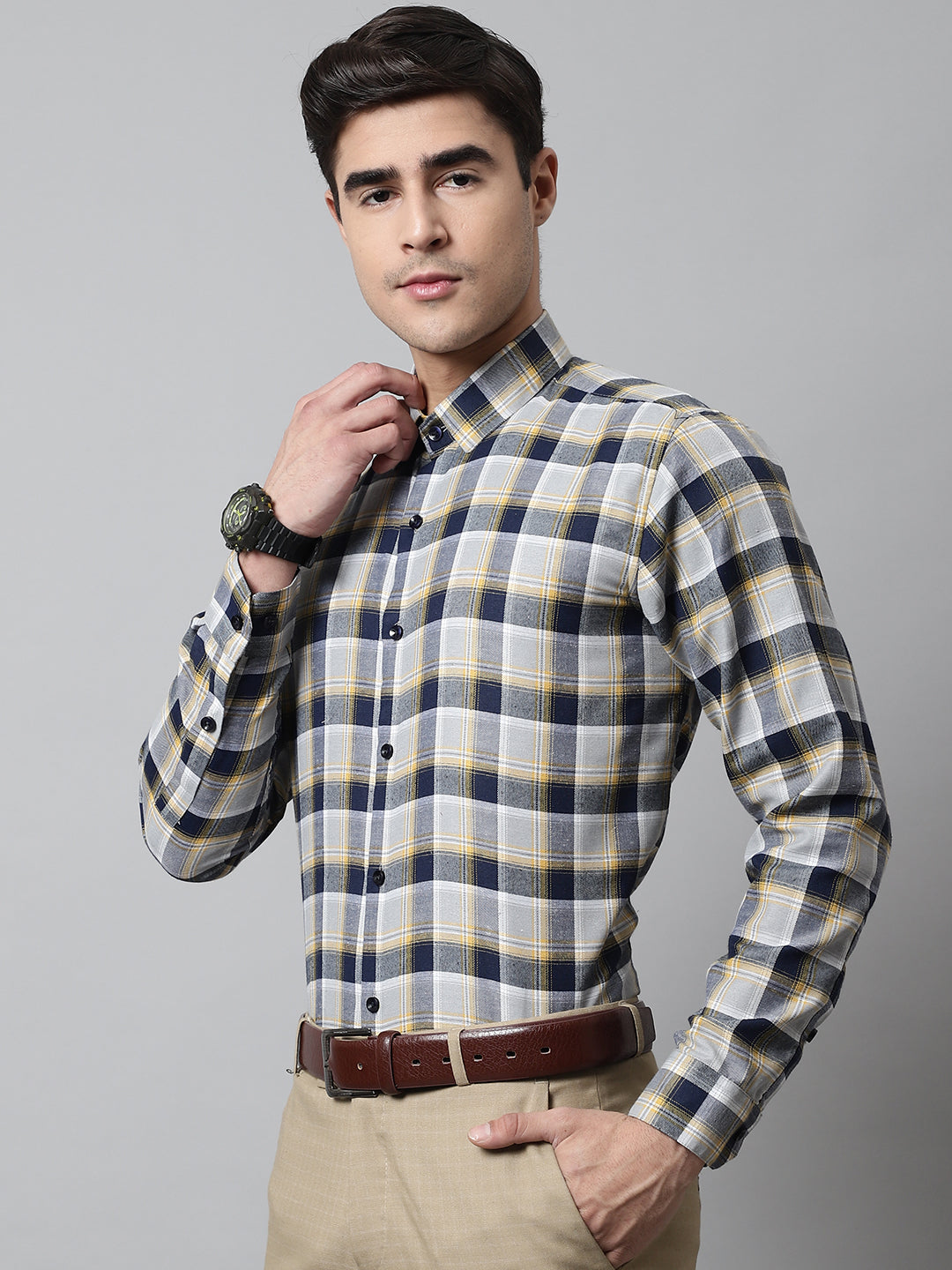 Jainish Men's Navy Blue and Grey Checks Regular Fit Cotton Formal Shirt | Grocsy