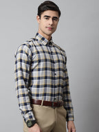 Jainish Men's Navy Blue and Grey Checks Regular Fit Cotton Formal Shirt | Grocsy