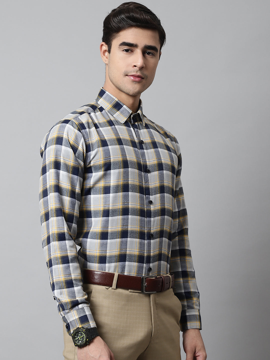 Jainish Men's Navy Blue and Grey Checks Regular Fit Cotton Formal Shirt | Grocsy