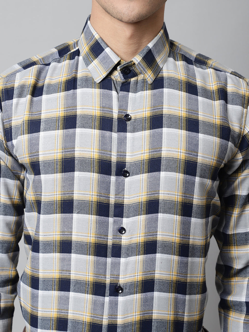 Jainish Men's Navy Blue and Grey Checks Regular Fit Cotton Formal Shirt | Grocsy