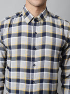 Jainish Men's Navy Blue and Grey Checks Regular Fit Cotton Formal Shirt | Grocsy