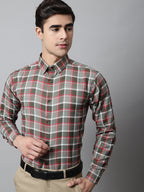Jainish Men's Olive and Red Checks Regular Fit Cotton Formal Shirt | Grocsy
