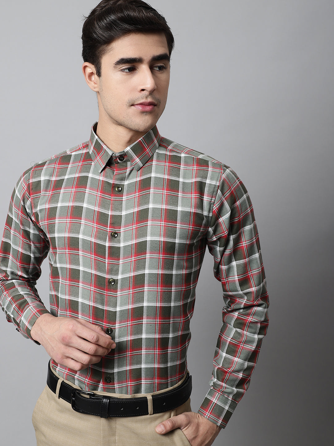 Jainish Men's Olive and Red Checks Regular Fit Cotton Formal Shirt | Grocsy