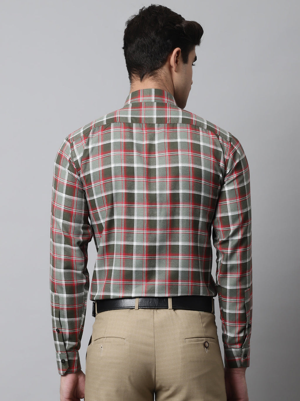 Jainish Men's Olive and Red Checks Regular Fit Cotton Formal Shirt | Grocsy