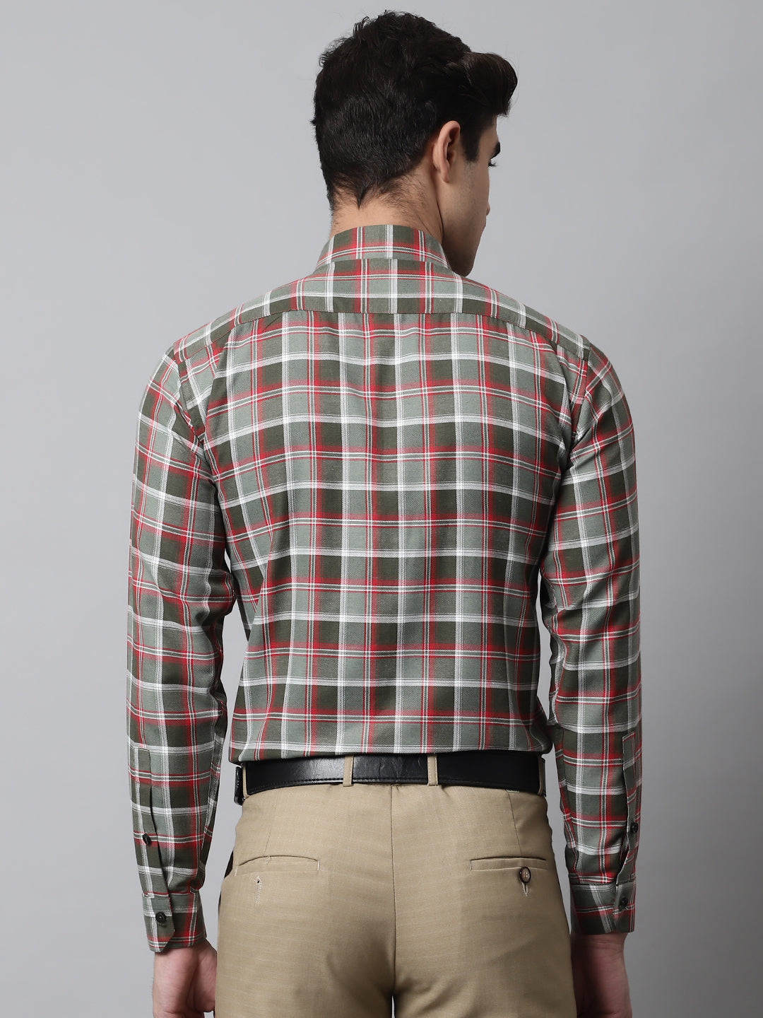 Jainish Men's Olive and Red Checks Regular Fit Cotton Formal Shirt | Grocsy