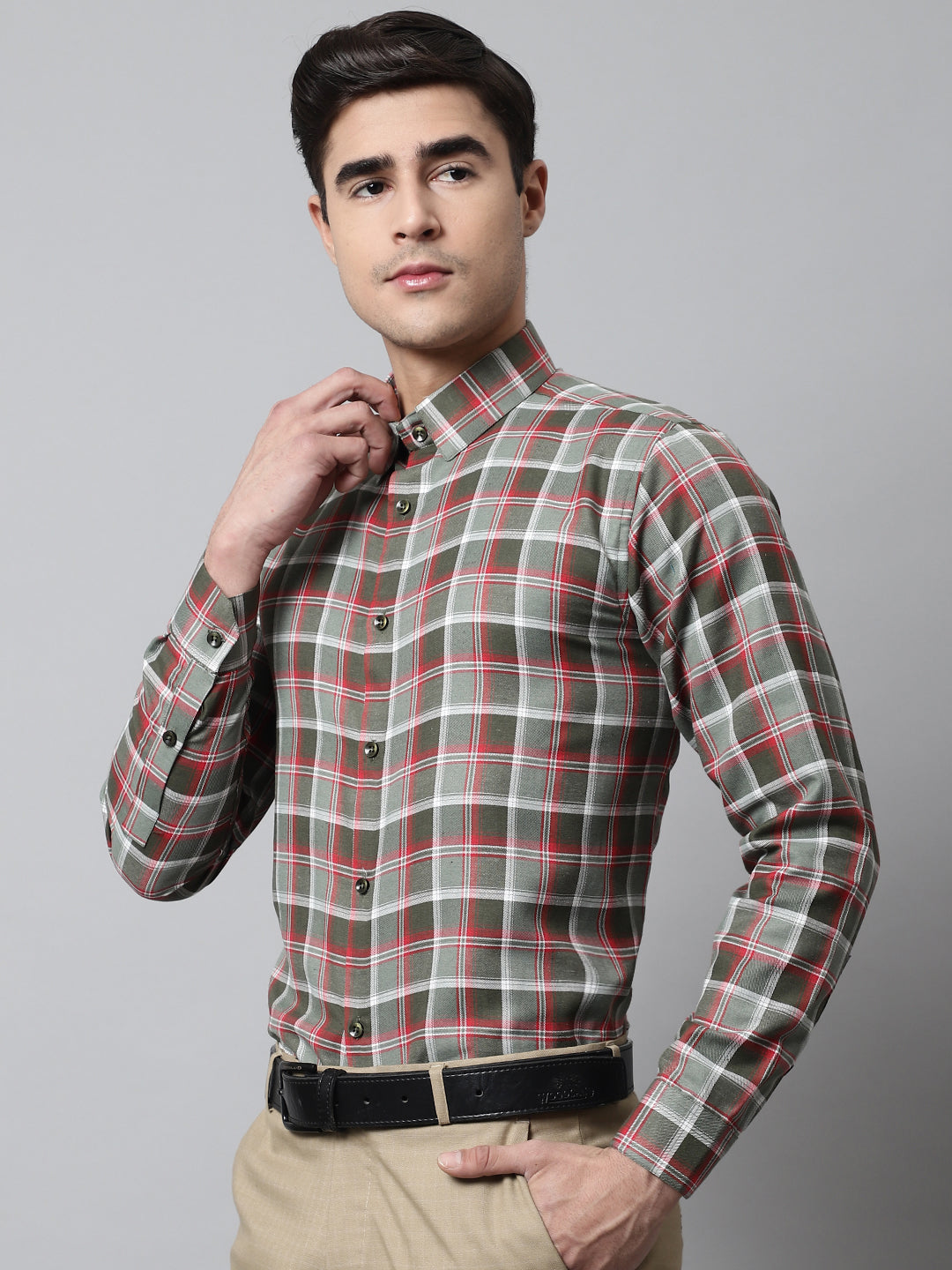Jainish Men's Olive and Red Checks Regular Fit Cotton Formal Shirt | Grocsy