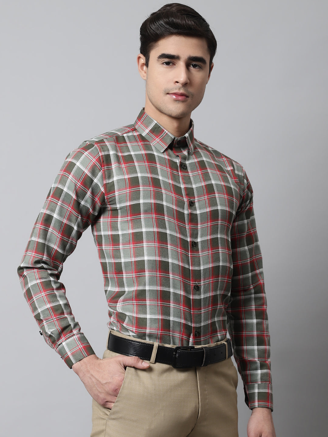 Jainish Men's Olive and Red Checks Regular Fit Cotton Formal Shirt | Grocsy