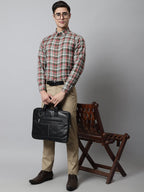 Jainish Men's Olive and Red Checks Regular Fit Cotton Formal Shirt | Grocsy